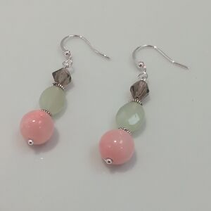 Handmade Jade & Czech Glass Dangle Earrings Sliver Plated Posts